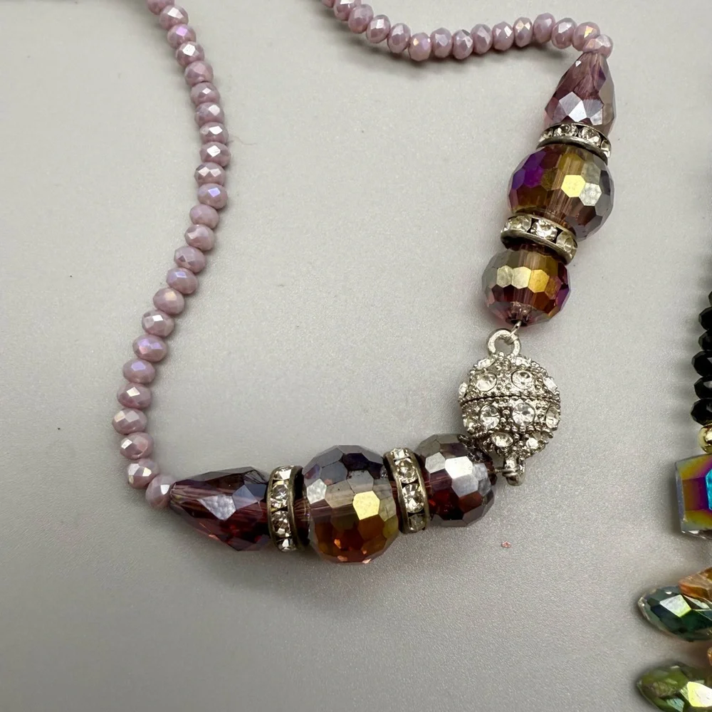 Layered Necklace Rhinestone Black Lavender Crystal Bead Hi-Lo Handmade Designer - Picture 7 of 10